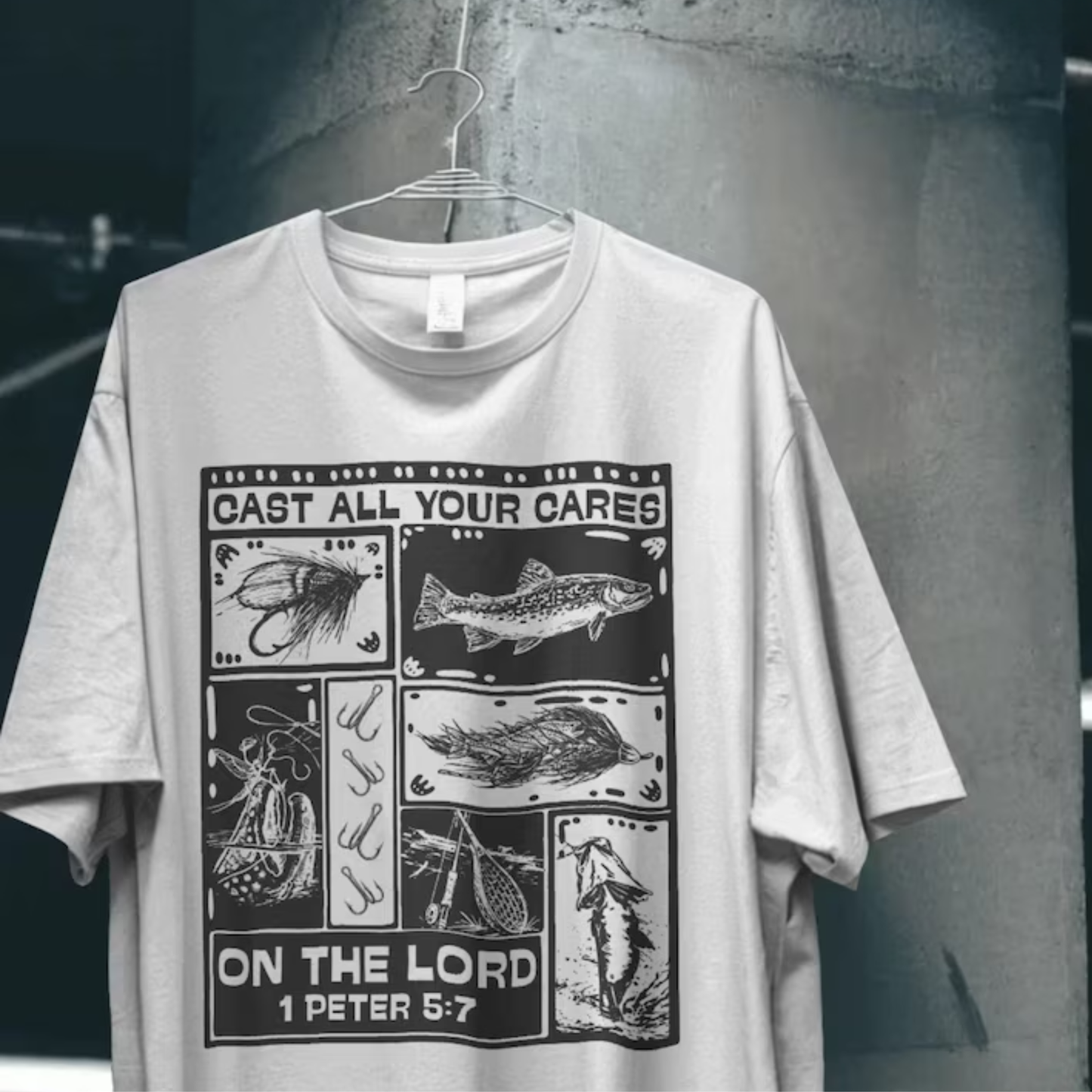 Cast All Your Cares on the Lord | 1 Peter 5:7 Christian Fishing Graphic Tee