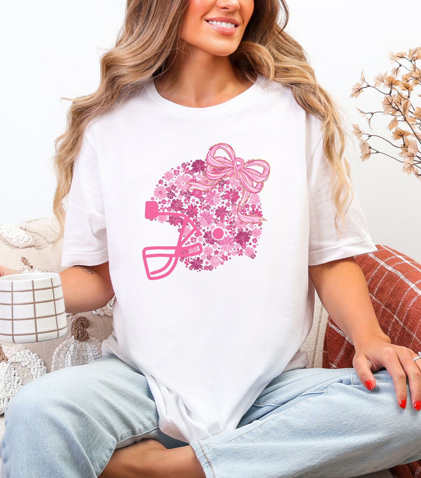 Floral Pink Football Helmet Breast Cancer Tee