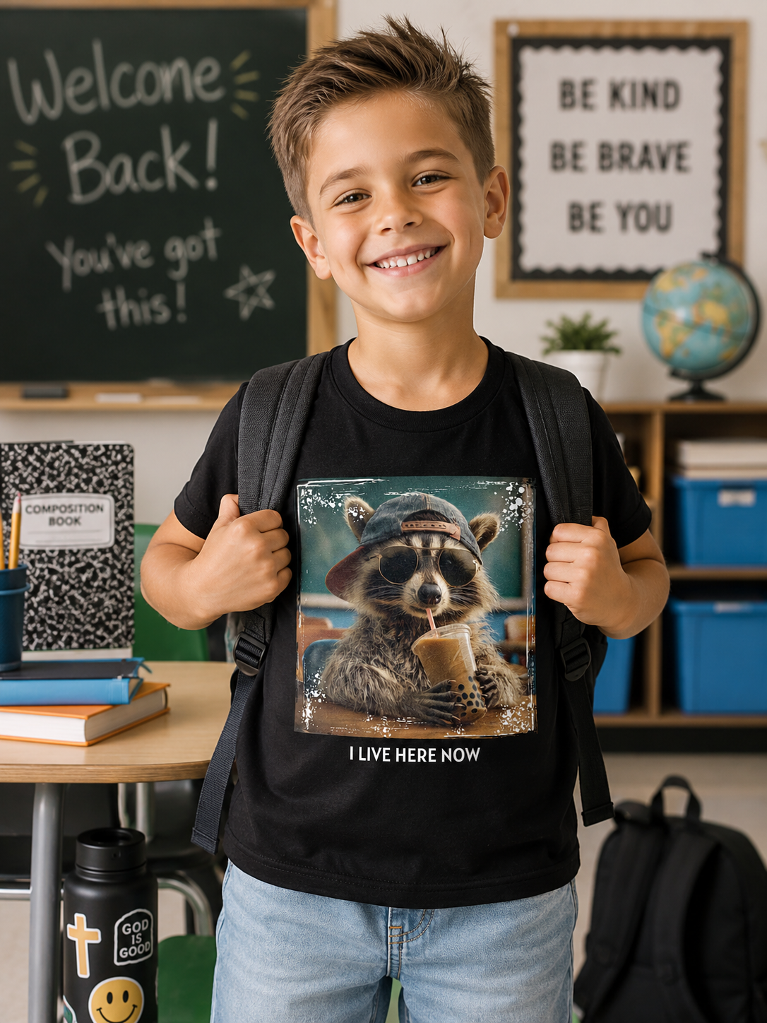 I Live Here Now Raccoon Back to School Kids Tee