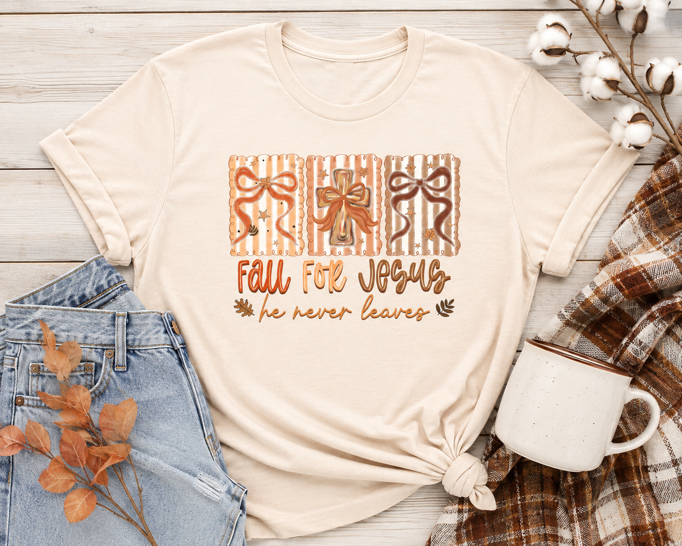 Fall for Jesus He Never Leaves Christian Fall T-Shirt