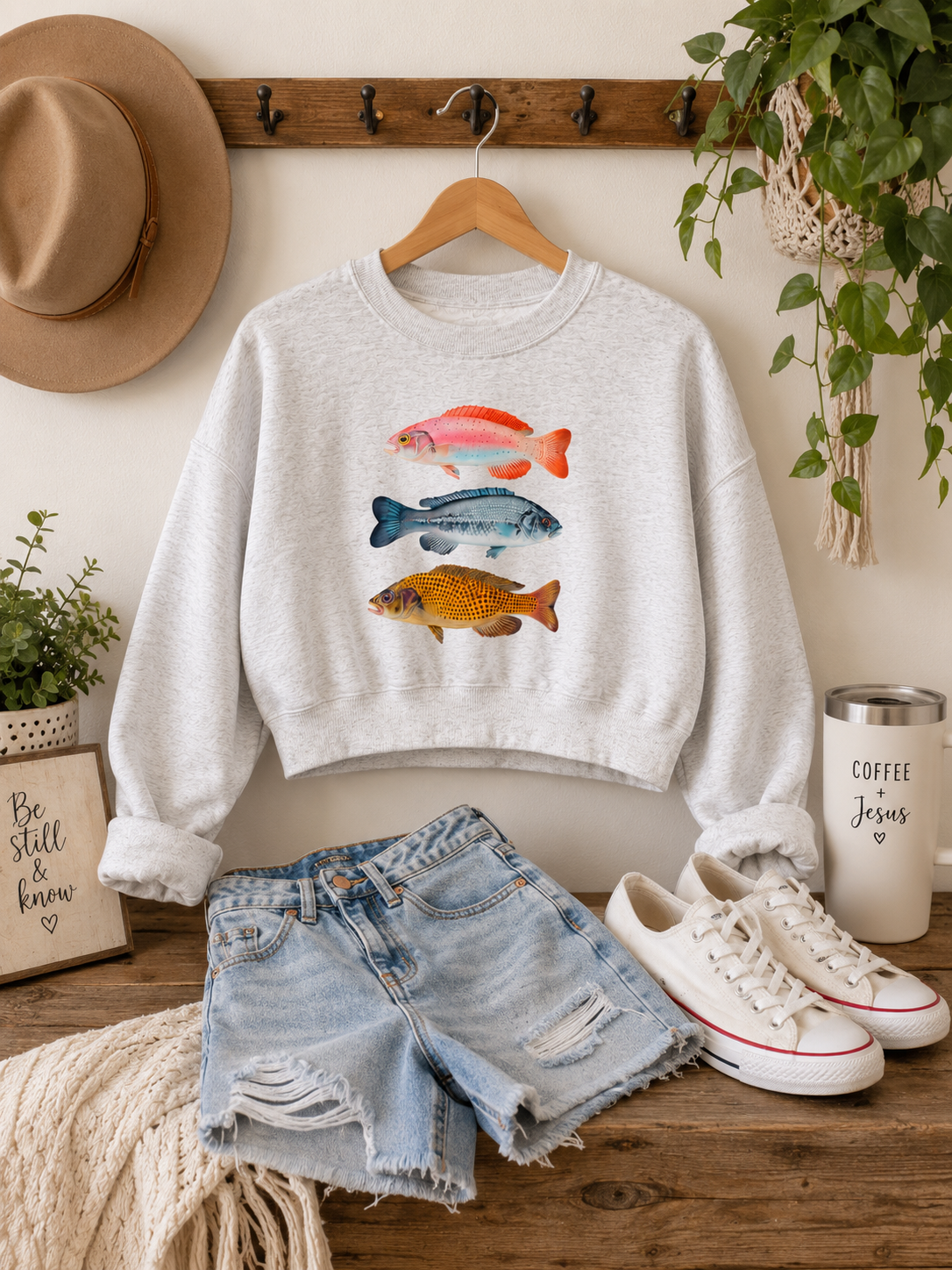Women's Cropped Fish Graphic Crewneck Sweatshirt