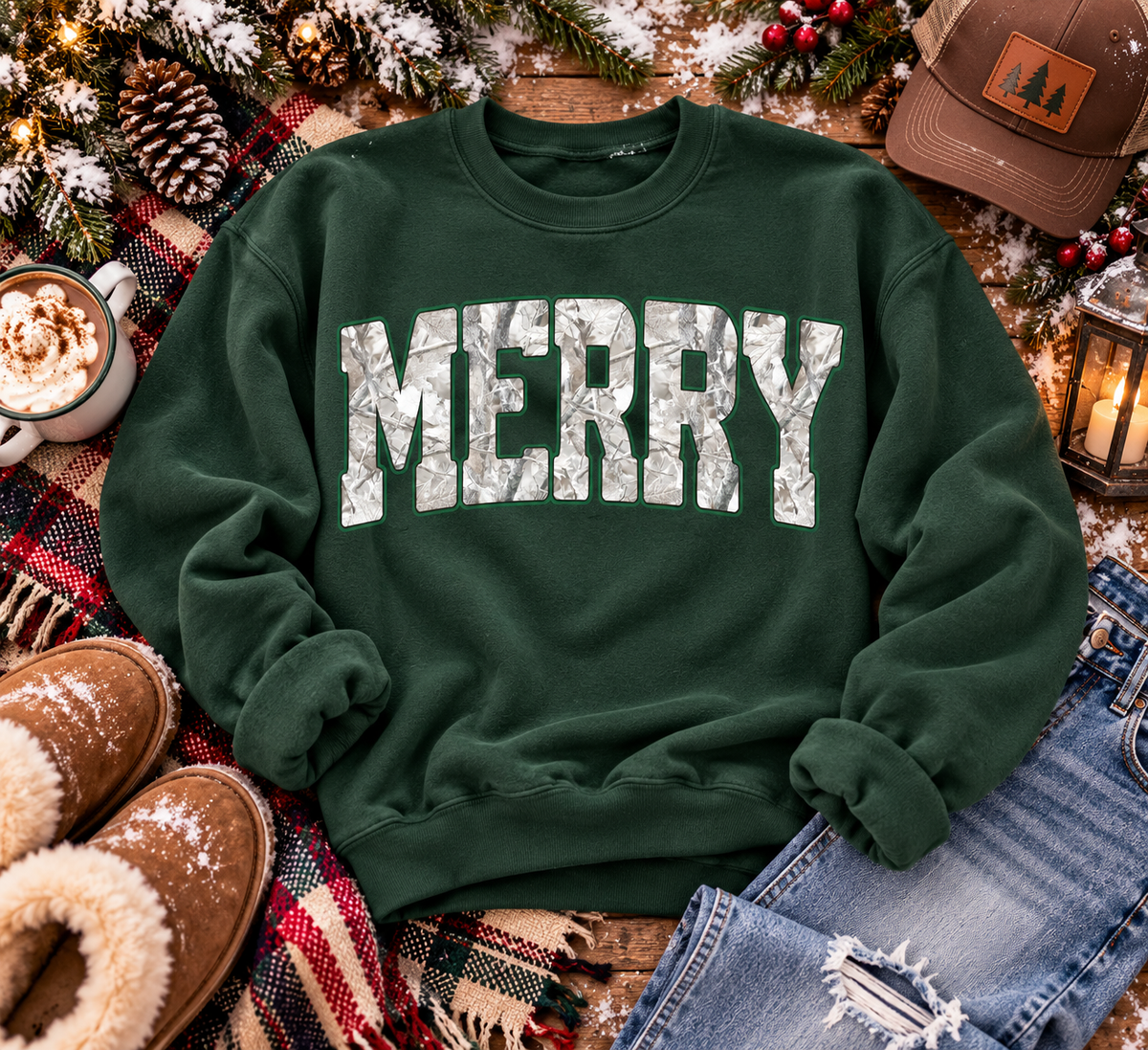 MERRY Winter Camo Sweatshirt | Forest Green Christmas Crewneck