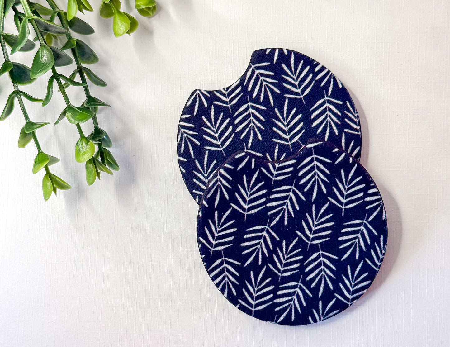 Black & White Tropical Leaves Car Coasters