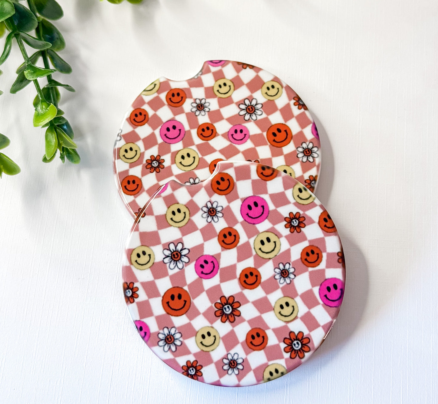 Smiley Daisy Checkers Car Coasters