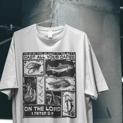 Cast All Your Cares on the Lord | 1 Peter 5:7 Christian Fishing Graphic Tee