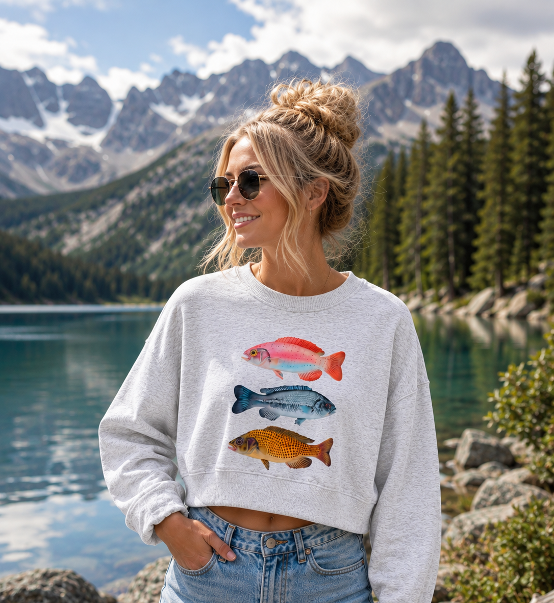 Women's Cropped Fish Graphic Crewneck Sweatshirt