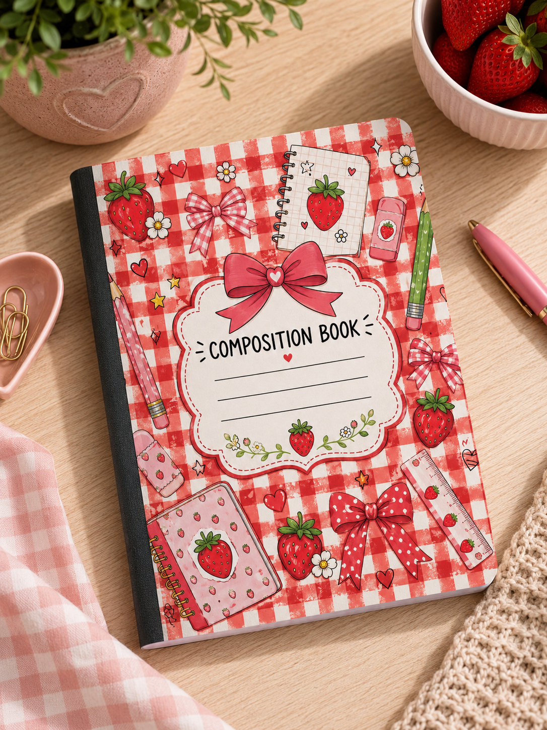 Strawberry Gingham Composition Notebook
