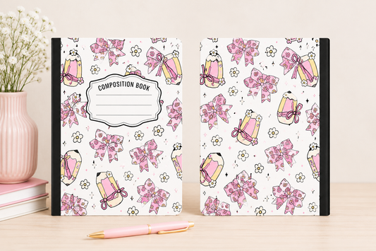 Pink Floral Bow & Pencil Hardcover Composition Notebook