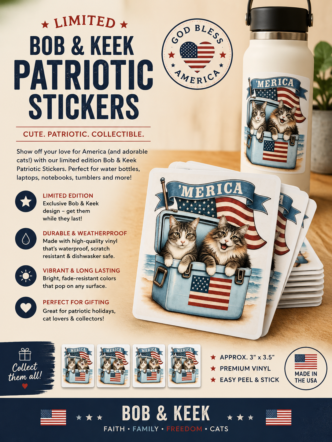Limited Edition Bob & Keek Patriotic Cat Sticker