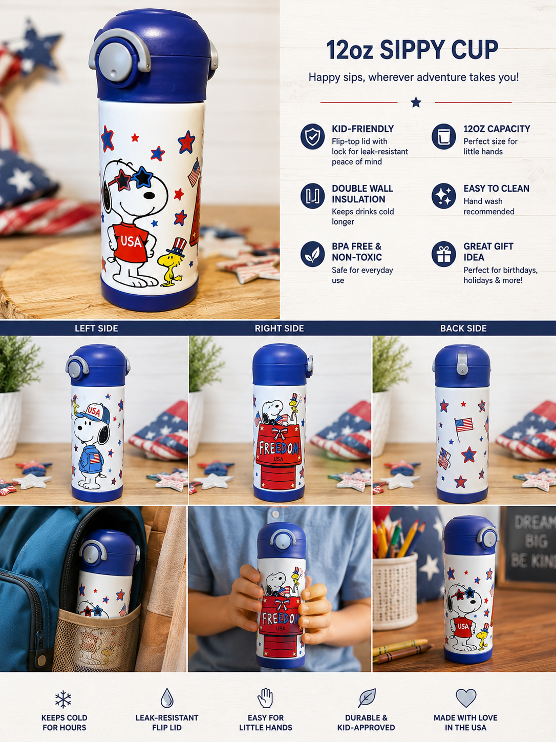 Patriotic Snoopy Kids 12oz Sippy Cup