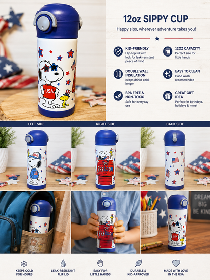 Patriotic Snoopy Kids 12oz Sippy Cup