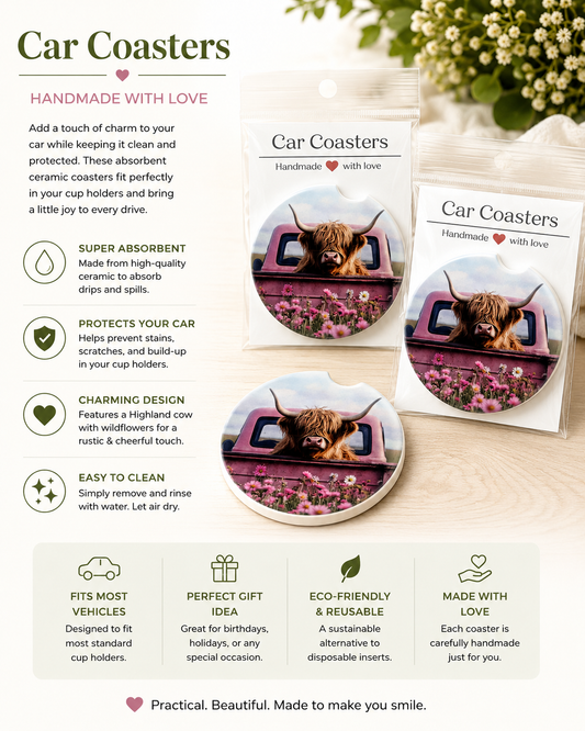Pink Highland Cow Car Coasters