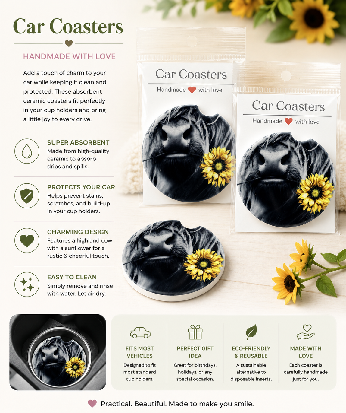 Sunflower Highland Car Coasters