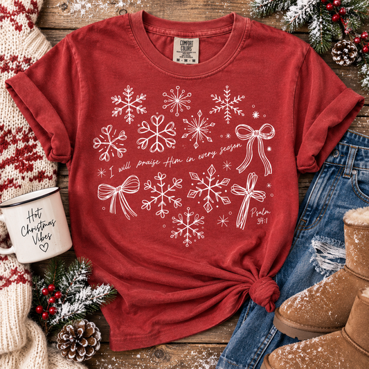 I Will Praise Him in Every Season Christian Christmas Tee