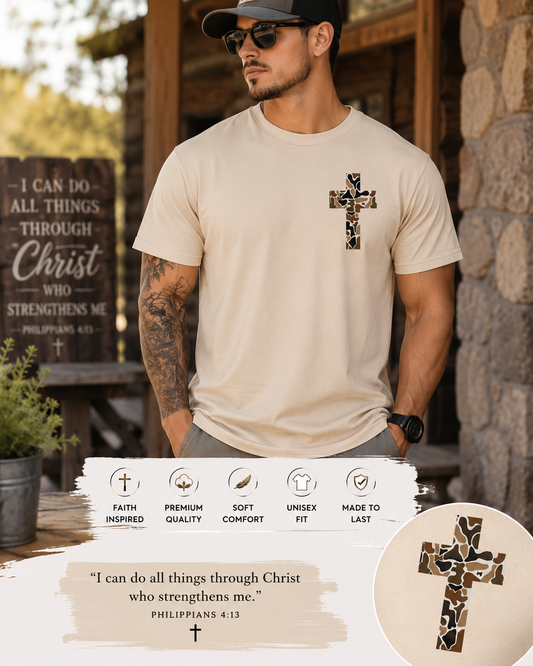 I Can Do All Things Through Christ Camo Cross Christian T-Shirt
