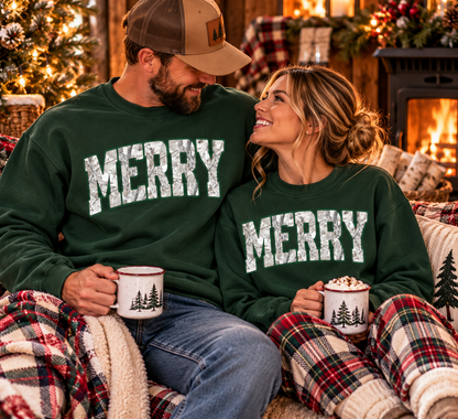 MERRY Winter Camo Sweatshirt | Forest Green Christmas Crewneck