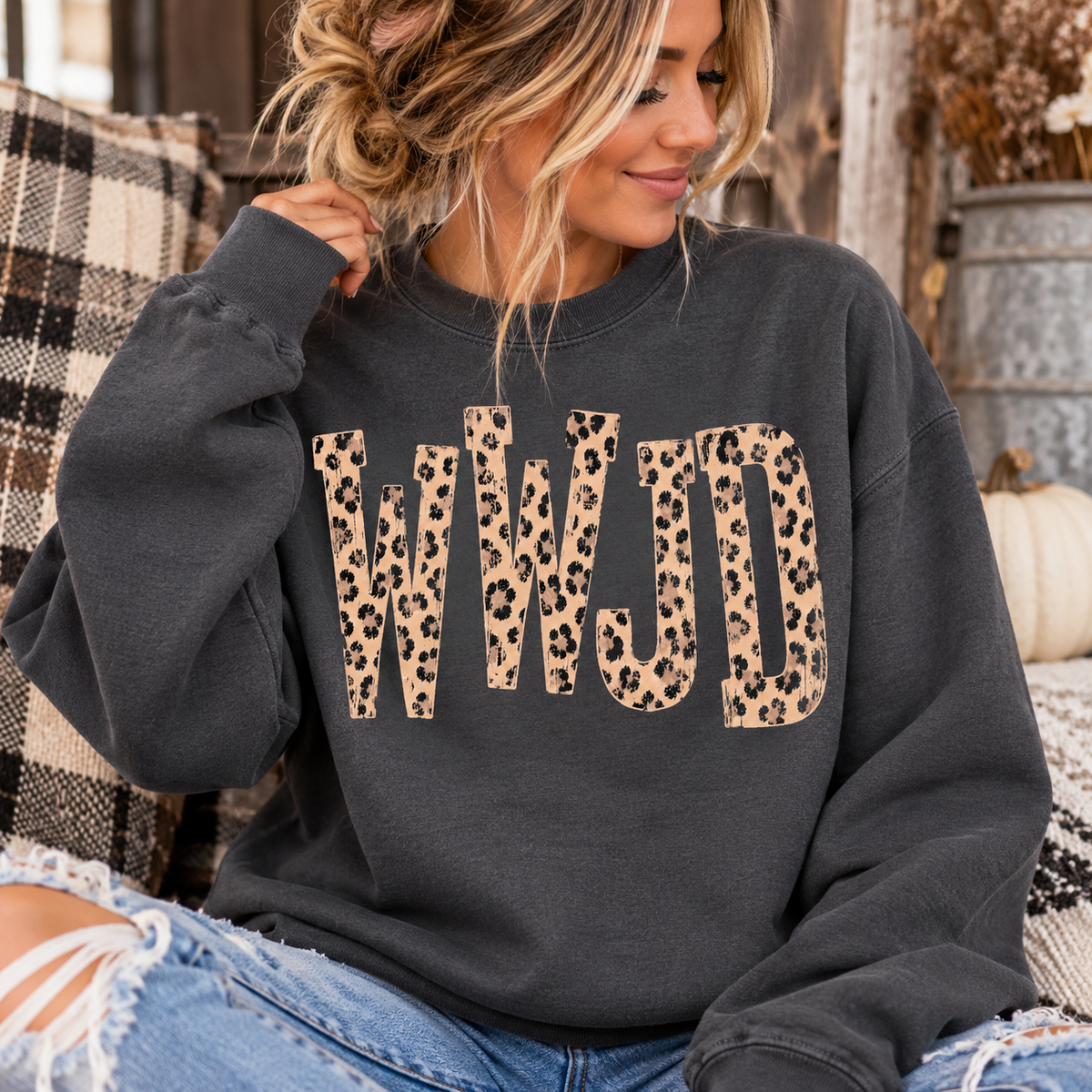WWJD Christian Sweatshirt | Leopard Print Faith Crewneck