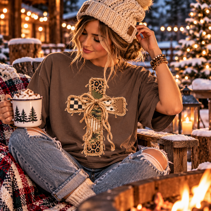 Patchwork Cross T-Shirt | Christian Leopard Camo Comfort Colors Tee