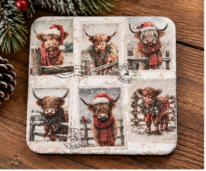 Christmas Highland Cow Coaster | Western Holiday Drink Coaster