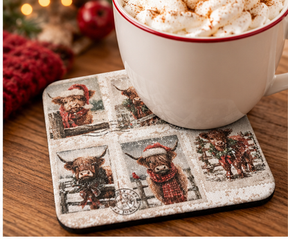 Christmas Highland Cow Coaster | Western Holiday Drink Coaster