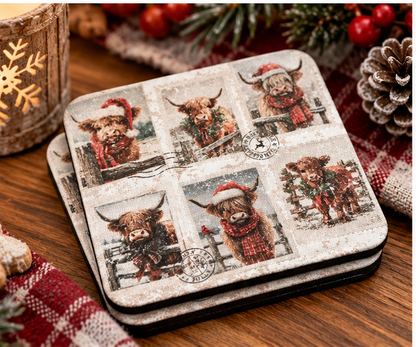 Christmas Highland Cow Coaster | Western Holiday Drink Coaster