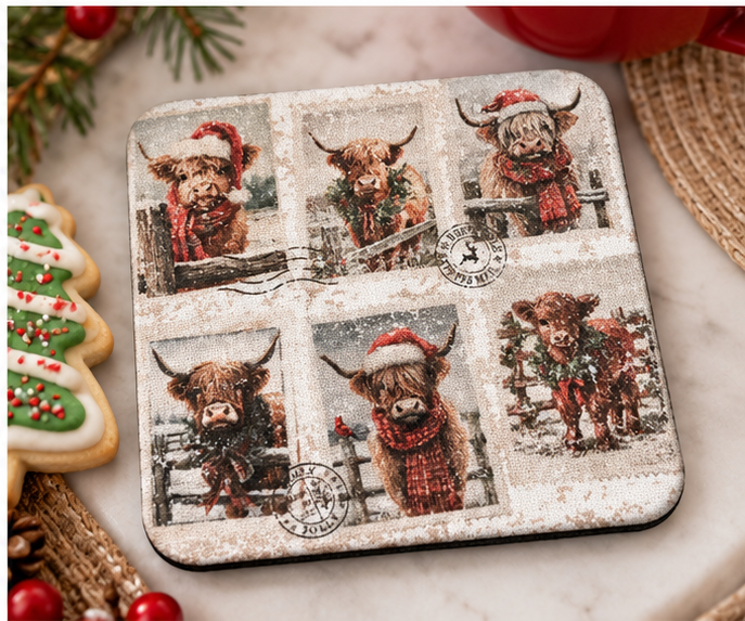 Christmas Highland Cow Coaster | Western Holiday Drink Coaster
