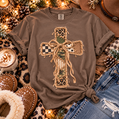 Patchwork Cross T-Shirt | Christian Leopard Camo Comfort Colors Tee