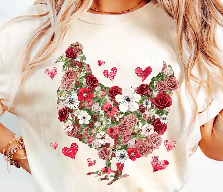 Floral Chicken Valentine Tee