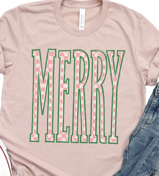 Pink Checkered Merry T-Shirt